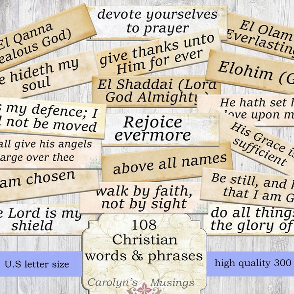 Christian Words and Phrases, printable Prayer Journal Ephemera with Inspirational Words