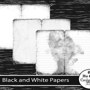 May include: Black and white papers with a vintage aesthetic. The image features several open book pages with a distressed, aged appearance. One page has a woman's face with butterflies. The text "Black and White Papers" is at the bottom.
