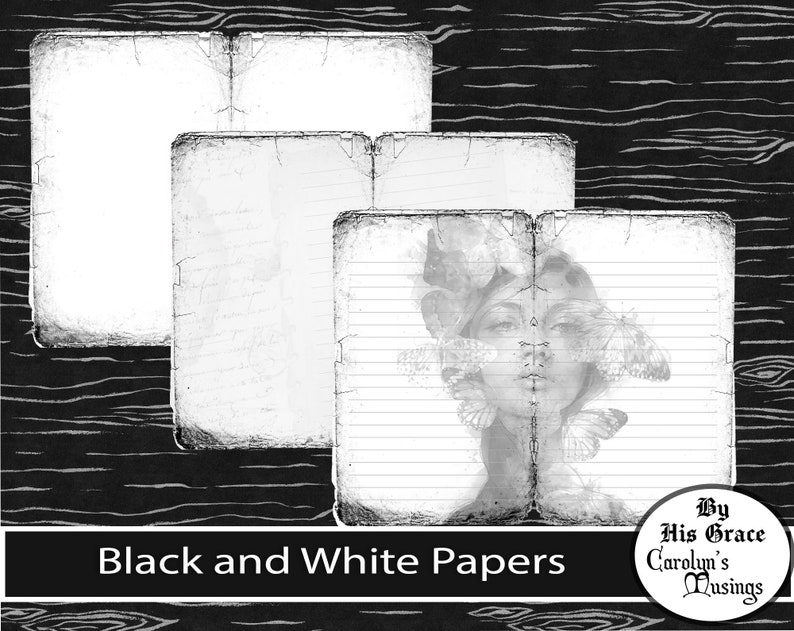 May include: Black and white papers with a vintage aesthetic. The image features several open book pages with a distressed, aged appearance. One page has a woman's face with butterflies. The text "Black and White Papers" is at the bottom.