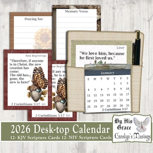 May include: A desk calendar with scripture cards and a January calendar page. The calendar includes a pocket with a pen, and cards with butterfly and acorn illustrations. The text includes "2026 Desk-top Calendar" and Bible verses.