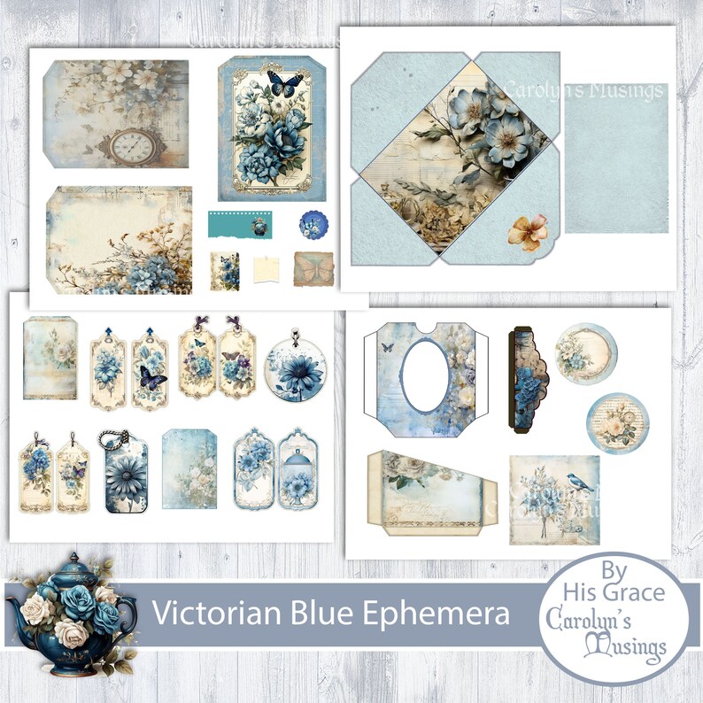 Victorian Blue Junk Journal Ephemera Addon: Printable Paper (digital ...