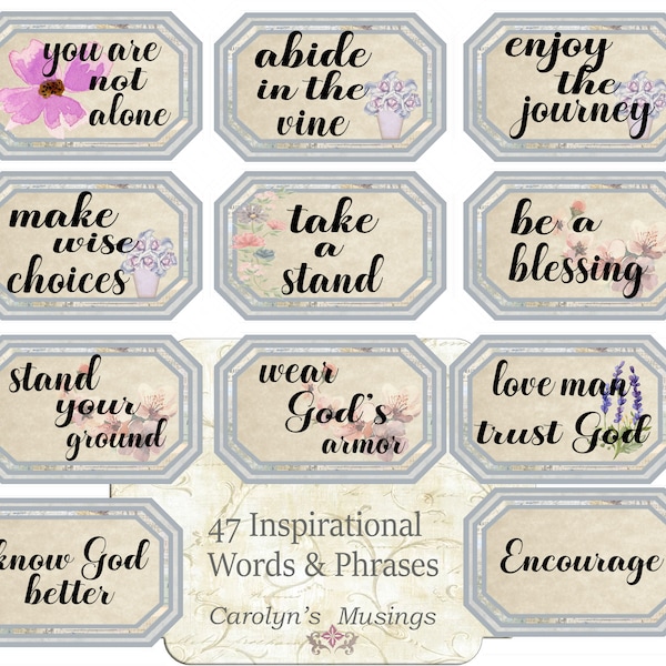 Inspirational Words and Phrases with Encouraging Quotes, Junk Journal Ephemera, Bible Journaling, Prayer, Faith, Printable, Digital Download