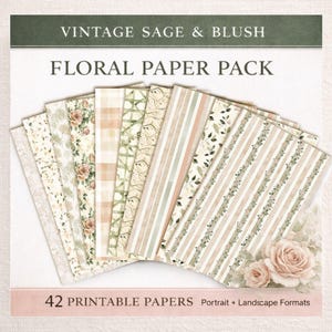 May include: A collection of 42 printable floral papers in portrait and landscape formats. The papers feature various designs, including roses, stripes, and plaid patterns, in a vintage sage and blush color palette. The text "Vintage Sage & Blush Floral Paper Pack" is displayed.
