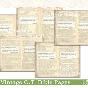 以下が含まれることがあります： 聖書の旧約聖書からのヴィンテージページ5枚。ページは経年劣化で黄色く、古びた風合いがあります。テキストは黒インクで書かれており、詩篇、申命記、サムエル記上からの節が含まれています。