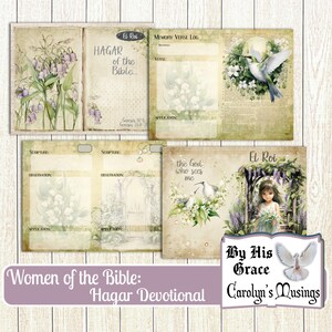 May include: A printable devotional journal for studying the story of Hagar from the Bible. The journal features a floral design with a hummingbird and a dove. The text on the cover reads "Women of the Bible: Hagar Devotional" and "By His Grace, Carolyn's Musings".
