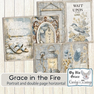 May include: A collage of vintage-style art prints with a religious theme. The prints feature inspirational quotes, a bird, a lantern with the word "hope," and the text "Grace in the Fire." The color palette includes blues, creams, and beige.