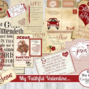 May include: A collage of vintage-style images with Christian themes and quotes. The images feature hearts, crosses, and other religious symbols. The text includes phrases like "Always Pray", "God hears", "Jesus", and "My Faithful Valentine".