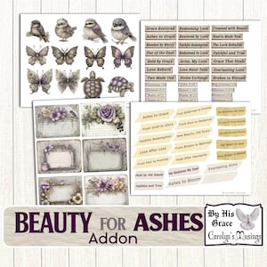 May include: A collection of digital scrapbook elements with a vintage aesthetic. The image includes illustrations of birds, butterflies, and turtles, along with decorative labels and text overlays. The phrase "BEAUTY FOR ASHES" is prominently displayed.