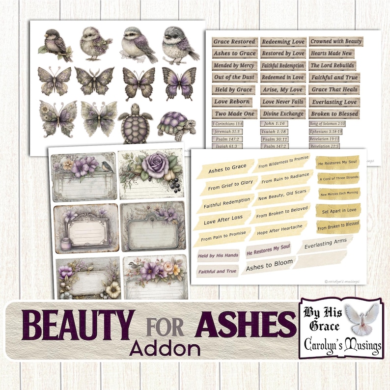 May include: A collection of digital scrapbook elements with a vintage aesthetic. The image includes illustrations of birds, butterflies, and turtles, along with decorative labels and text overlays. The phrase "BEAUTY FOR ASHES" is prominently displayed.