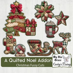 May include: A collection of Christmas-themed quilted fabric cutouts. The set includes a Christmas tree, gift, star, snowflake, mug, reindeer, sleigh, snow globe, and a toy soldier. The color palette features red, green, and beige plaid patterns.