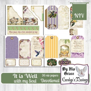 May include: A set of 36 digital papers in a devotional theme. The papers feature a variety of designs, including floral patterns, hummingbirds, and scripture verses. The papers are in a vintage style with a soft color palette of purple, yellow, and green. The text "It is Well with my Soul" and "By His Grace" are featured on the papers. The papers are perfect for scrapbooking, card making, and other paper crafts.