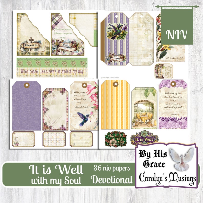 May include: A set of 36 digital papers in a devotional theme. The papers feature a variety of designs, including floral patterns, hummingbirds, and scripture verses. The papers are in a vintage style with a soft color palette of purple, yellow, and green. The text "It is Well with my Soul" and "By His Grace" are featured on the papers. The papers are perfect for scrapbooking, card making, and other paper crafts.