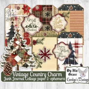 Kit de diário de Natal com charme country vintage | Kit de diário de lixo | Pacote de papel Faith Collage | Colagem de diário de lixo para impressão | Reflexões de Carolyns