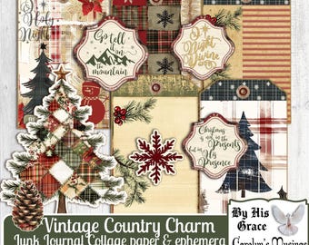 May include: Vintage Christmas themed collage paper and ephemera with a red and green plaid pattern, a snowflake, a Christmas tree, and the text "Go tell it on the mountain", "Holy Night", "Might Divine", and "Christmas is not in the presents but in His presence".