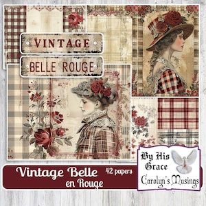 Junk Journal vintage Belle en Rouge, kit imprimable, papier numérique, éphémères de scrapbooking, feuilles de collage rouges en papier vintage coupe difficile