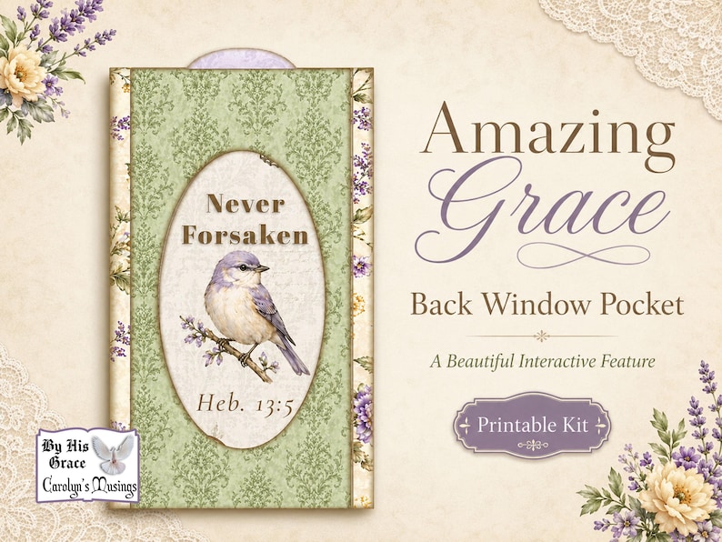 Back view of Christian envelope folio wallet featuring a decorative window pocket, scripture text, bird artwork, and sage floral design.