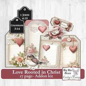 May include: A collection of decorative paper tags, tickets, and stickers with a vintage aesthetic. The tags feature floral designs, lace trim, and heart accents. The text includes Bible verses and the phrase "Love Rooted in Christ."