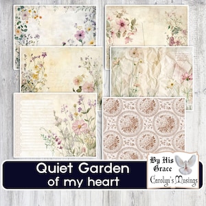 May include: A collection of floral-themed stationery with a vintage aesthetic. The designs feature watercolor illustrations of flowers and foliage in soft pastel colors. The text "Quiet Garden of my heart" is displayed on a dark blue banner.