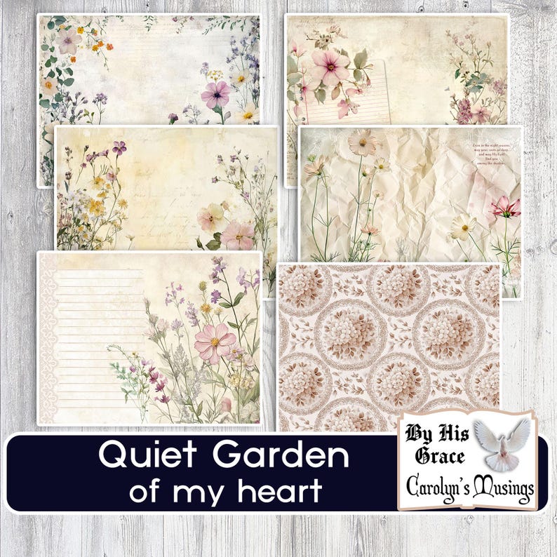 May include: A collection of floral-themed stationery with a vintage aesthetic. The designs feature watercolor illustrations of flowers and foliage in soft pastel colors. The text "Quiet Garden of my heart" is displayed on a dark blue banner.