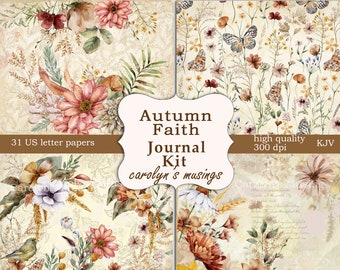 Könnte beinhalten: Ein digitaler druckbarer Journal-Kit mit 31 US-Briefpapieren mit Aquarell-Illustrationen von Herbstblumen, Schmetterlingen und Blättern auf cremefarbenem Hintergrund. Der Text "Autumn Faith Journal Kit" und "carolyn's musings" ist im Design enthalten. Der Text "hohe Qualität 300 dpi" und "KJV" ist ebenfalls enthalten.