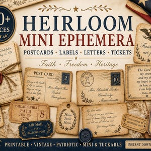 May include: A collection of vintage-style mini ephemera, including postcards, labels, letters, and tickets. The design features patriotic themes with text such as "Freedom is not free" and "Liberty, Justice, Faith". The color palette includes sepia tones and navy blue.
