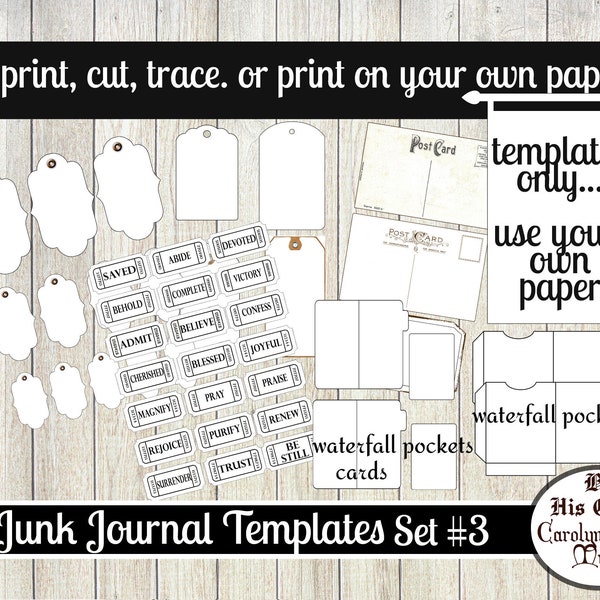 Junk journal, templates, Waterfall pocket, encouragement tickets, Post Cards, tags, folding tags, Digital Download, printable Journal, SET3