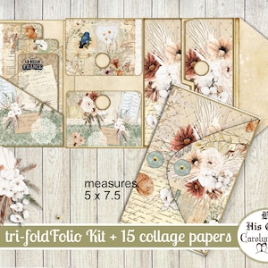Junk Journal Boho Tri-Fold Folio, Floral, Collage Sheets, Ephemera, Trifold, Bastelset, Scrapbook, druckbares Geschenk, handgemachtes Geschenk