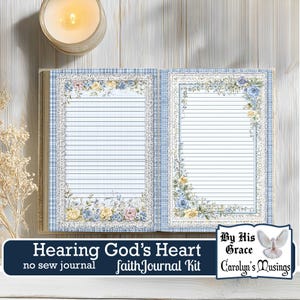Botanical-themed spiritual journal kit for personal faith growth.  Open faith journal with delicate floral borders and lined pages. Digital journal kit for spiritual reflection and personal healing.