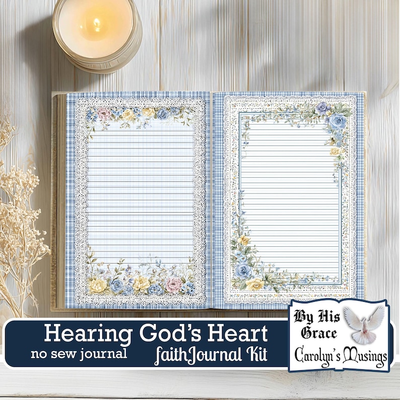 Botanical-themed spiritual journal kit for personal faith growth.  Open faith journal with delicate floral borders and lined pages. Digital journal kit for spiritual reflection and personal healing.