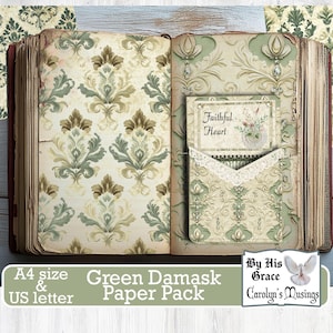 pages de journal, papier de scrapbooking numérique enchanteur | papiers de remplissage vintage damassés verts | téléchargement instantané| Les rêveries de Carolyn| Téléchargement numérique