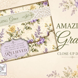 Close-up of vintage floral Amazing Grace folio cover with lace trim, scripture label, lavender flowers, and high-resolution printable detail.