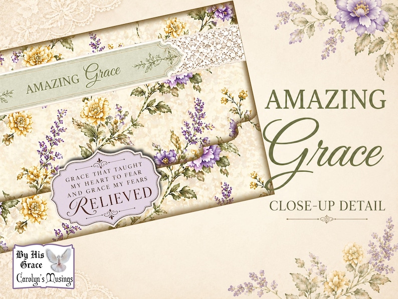 Close-up of vintage floral Amazing Grace folio cover with lace trim, scripture label, lavender flowers, and high-resolution printable detail.