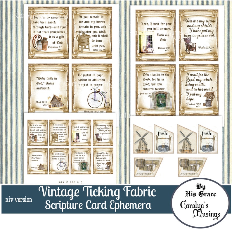 Op de afbeelding: Vintage ticking stof bijbelkaarten met inspirerende citaten en afbeeldingen van een windmolen, een put en een fiets. De kaarten zijn in een rustieke stijl met bruine en beige kleuren. De tekst op de kaarten bevat verzen uit de Bijbel, zoals "Heb geloof in God" en "Wees blij in de hoop".