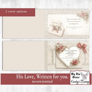 Two vintage-style Christian journal covers with lace and floral accents, featuring scripture and a soft Valentine theme.