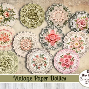 May include: Ten vintage paper doilies with floral designs in shades of pink, green, and white. The doilies are arranged in a circle on a woodgrain background. The text "Vintage Paper Doilies" is at the bottom of the image. By His Grace Carolyn's Musings.