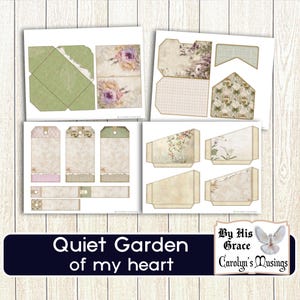 May include: A collection of printable paper ephemera with floral and botanical designs. Includes tags, envelopes, and decorative elements in soft pastel colors. The text "Quiet Garden of my heart" is displayed on a dark blue banner.