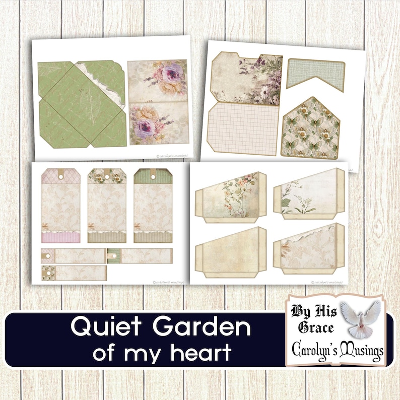 May include: A collection of printable paper ephemera with floral and botanical designs. Includes tags, envelopes, and decorative elements in soft pastel colors. The text "Quiet Garden of my heart" is displayed on a dark blue banner.