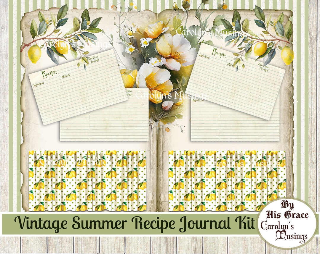 Vintage Summer Recipe Junk Journal Kit, Lemons, Citrus, Yellow, Recipe