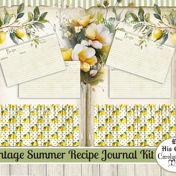 Vintage Summer Recipe Junk Journal Kit, Lemons, Citrus, Yellow, Recipe Book, Fruit, Summer, Green, Grandmother's Kitchen, Digital Download