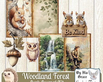 May include: Woodland Forest Junk Journal Kit with images of a squirrel, owl, waterfall, a boy fishing, a hedgehog, and a dove. The kit also includes a sign that says "Be Kind" and a sign that says "By His Grace".