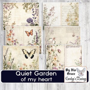 May include: A collection of vintage-style scrapbook paper sheets with floral and butterfly designs. The papers feature soft colors, handwritten text, and botanical illustrations. The text on the bottom reads "Quiet Garden of my heart".