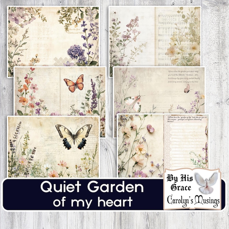 May include: A collection of vintage-style scrapbook paper sheets with floral and butterfly designs. The papers feature soft colors, handwritten text, and botanical illustrations. The text on the bottom reads "Quiet Garden of my heart".