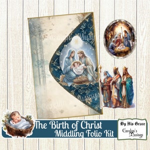 Junk Journal Birth of Christ Folio, opvouwbaar folio, digitaal kerstpapier, knutselset, plakboek, afdrukbaar cadeau, handgemaakt cadeau