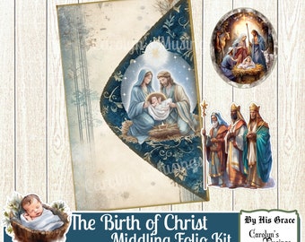 Junk Journal Birth of Christ Folio, Folding Folio, Christmas Digital Paper, Craft Kit, Scrapbook, Printable Gift, Handmade Gift