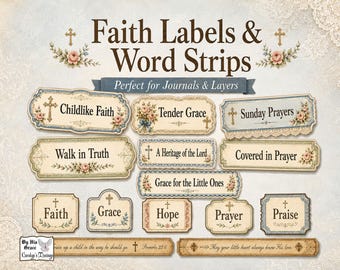 Christian Faith Labels Printable Word Strips Vintage Junk Journal Ephemera Little Hearts Kit