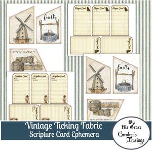 Op de afbeelding: Vintage printbare schriftkaarten met een ticking-stofontwerp. De kaarten bevatten een aquarel-illustratie van een windmolen en een put met het woord "geloof" erboven. De kaarten zijn perfect voor journalen, scrapbooking of om een vleugje vintage charme aan je knutselwerk toe te voegen.