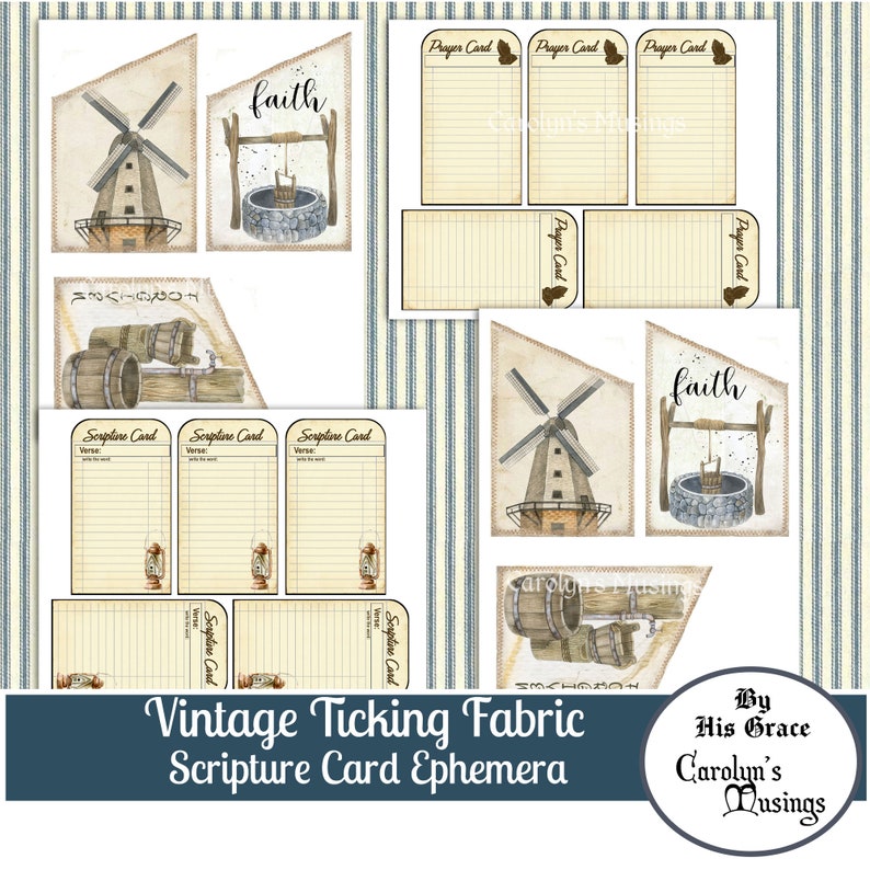 Op de afbeelding: Vintage printbare schriftkaarten met een ticking-stofontwerp. De kaarten bevatten een aquarel-illustratie van een windmolen en een put met het woord "geloof" erboven. De kaarten zijn perfect voor journalen, scrapbooking of om een vleugje vintage charme aan je knutselwerk toe te voegen.
