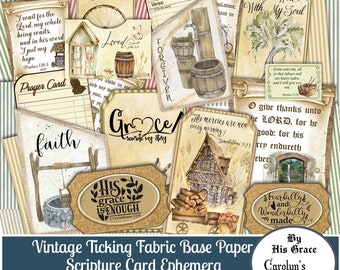 Prayer Journal printable, KJV, NIV Scripture Ephemera, Junk Journal Supplies, Devotional, Card Making Vintage Ticking Fabric Base Paper