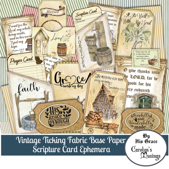 Vintage Ticking Fabric Prayer Journal Ephemera, Scripture Cards (Digital Download)