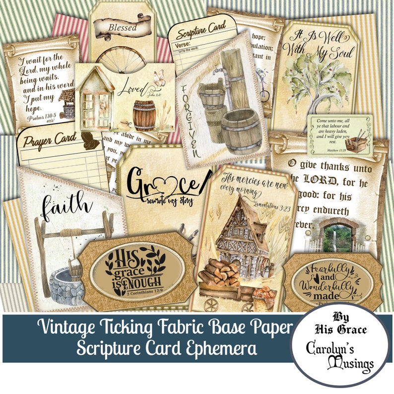 Op de afbeelding: Vintage digitale papierset met een geruite stoffen achtergrond. Het papier bevat afbeeldingen van huizen, emmers en een put. Het papier bevat ook tekst zoals "Blessed", "Loved", "Grace", "His Grace is Enough", "It is Well with My Soul", "Faith", "Forgiven", "This Mercies are New Every Morning", "O Give Thanks Unto the Lord", "Fearfully and Wonderfully Made", "By His Grace Carolyn's Musings", en "Scripture Card".